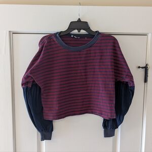 Kinly Mixed Media Red and Blue Stripped with Blue Sleeves Shirt, Size XS